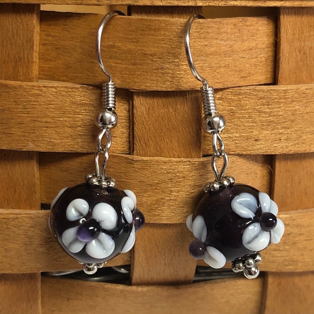 Purple and white floral LAMPWORK dangle earrings.